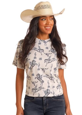 Rock & Roll Denim White / Natural Bronco Western All Over Print T-Shirt Size M  - Image 1 of 4