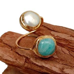 Natural Cultured White Pearl Amazonite Ring Adjustable - Picture 1 of 8