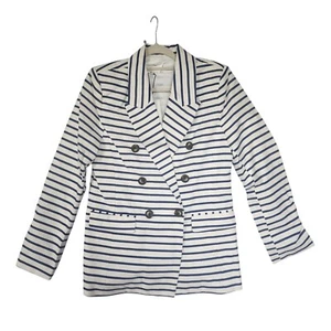 a loves a Ivory Blue Blazer Women Stripe Size Medium Long Sleeve Double Breasted - Picture 1 of 7