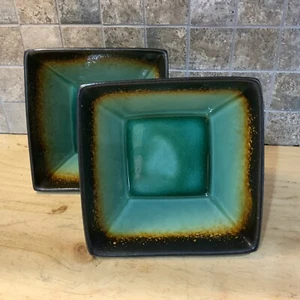 2er Set Jade Crackle eckige Schalen Ombre Glasur grün braun Steinzeug MCM - Bild 1 von 12