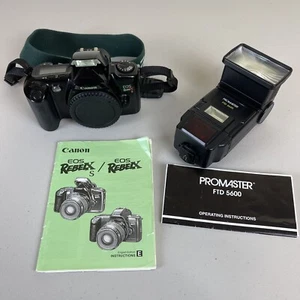 Canon EOS Rebel XS 35mm SLR FILM Camera with Promaster FTD 5600 Flash & Manuals - Picture 1 of 8