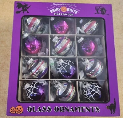 NEW 12 Radko Shiny Brite Halloween Ornaments - Purple/Silver Stripes/Cobweb 2.5" - Image 1 of 2