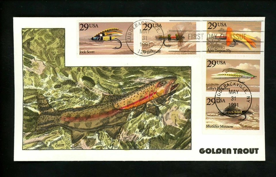 Collins FDC Hand Painted GOLDEN TROUT #2545-49  Fishing Flies 5 Booklet Singles - Image 1 of 1