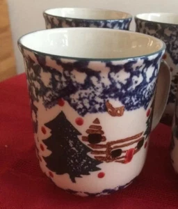 2 Tienshan Folk Craft CABIN IN THE SNOW Coffee Mugs Cups Spongeware Christmas - Picture 1 of 5