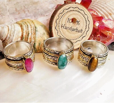 Vintage Breit 5er Drehring 925er Silber Ring 58 63 Gold  Messing Smaragd Rubin - Bild 1 von 4