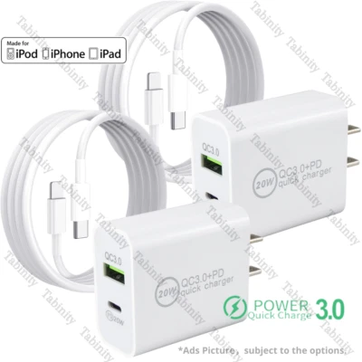 Fast Wall Charger Power Block PD 20W USB C Adapter For iPhone 14/13/12/11/X iPad - Image 1 of 4