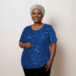ROCKTHOSECURVES WOMENS BLOUSE LADIES TOP SHORT SLEEVE PLUS SIZE SEQUIN AND LACE - Picture 1 of 45