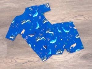 EEUC Hanna Andersson girls size 100 short pajama set blue rainbow whale size 4 - Picture 1 of 3