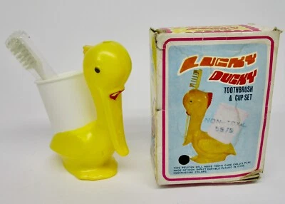 Vintage toothbrush cup holder set yellow pelican Lucky Duck plastic + box HK - Image 1 of 4