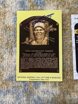 Ivan Rodriguez Signed Gold HOF Plaque Postcard Yellow Rangers Autograph JSA A - Image 1 of 4