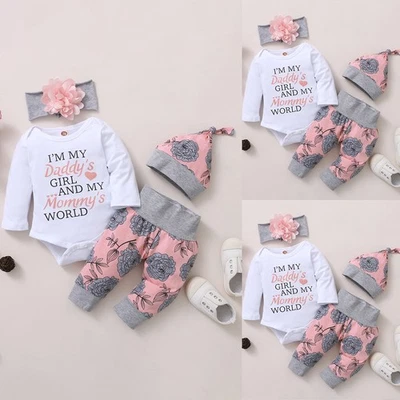 4PCS Infant Baby Girl Floral Romper Tops Pants Hat Headband Outfit Clothes Set - Image 1 of 4
