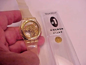NOS Swatch Watch Golden Jelly GZ115 1990 w Correct Box & Gold Battery Runs Fine - Picture 1 of 10