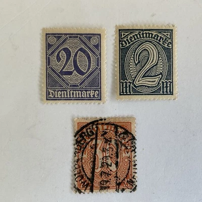 3 Germany stamps~1920~Official~Numerals~#O5~20pf+#O12~2m+#OL13~30pf~Prussia #21 - Image 1 of 4