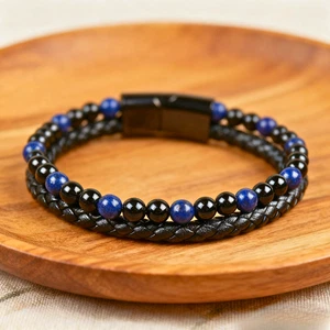 Men's Obsidian Lapis Lazuli Stone Beaded Leather Braided Bracelet Magnetic Gift - Picture 1 of 3