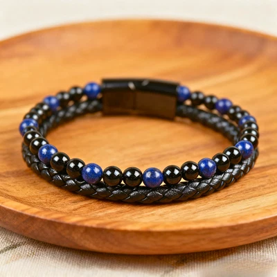 Men's Obsidian Lapis Lazuli Stone Beaded Leather Braided Bracelet Magnetic Gift - Image 1 of 3