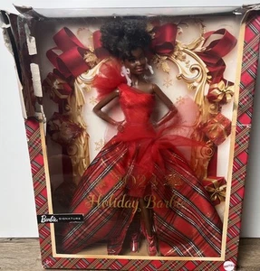 Barbie Signature 2024 Holiday Barbie Doll Brown Hair with Plaid Gown Box Damage - Picture 1 of 3