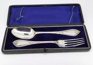 Antique Cased Sterling Silver Fork & Spoon Christening Set John Taylor c1867 - Picture 1 of 14
