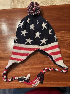 Youth USA Stars Strips Tassels Beanie Winter Knit Hat Stocking Cap Ski Girl - Picture 1 of 4