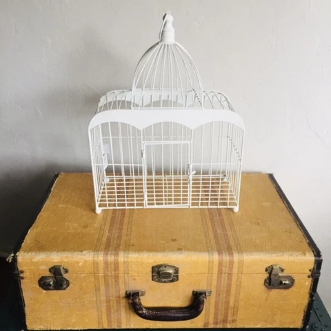White Large Metal Decorative Farmhouse Style Hanging Birdcage Front Latch Entry Cover