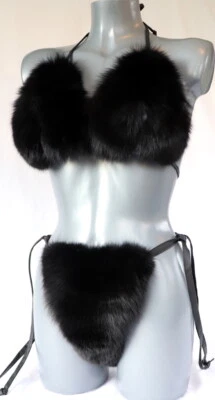 Pelz Bikini Blaufuchs Leder Fell 2 tlg.Set BH String Slip offen Erotik Schwarz - Bild 1 von 4