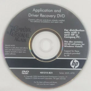 HP Compaq Application and Driver Recovery DVD 481215-B21 Series 6535 6735 - Picture 1 of 2
