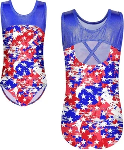 Girls Blue & Red Star Pattern Gymnastics Leotard Sleeveless Dance Ballet Age 11 - Picture 1 of 6