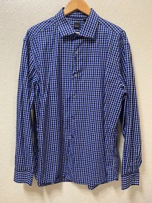 SAKS FIFTH AVENUE BLACK Button Down Shirt Mens XXL 100% COTTON Blue Check - Image 1 of 4