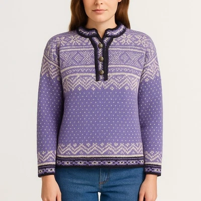 Suéter Henley L.L.Bean Fair Isle Algodón Nórdico Púrpura Años 90 De Colección Para Mujer Pequeño Foto 1 de 4