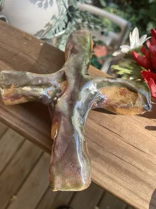 Handmade art pottery drip glaze cross notch for hanging religious Rustic Clay - Picture 1 of 10