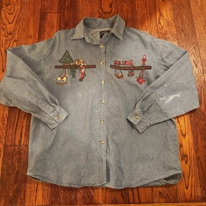 Vintage Solutions Jeanshemd Damen Medium bestickt Weihnachten Western BESCHÄDIGUNG - Bild 1 von 11