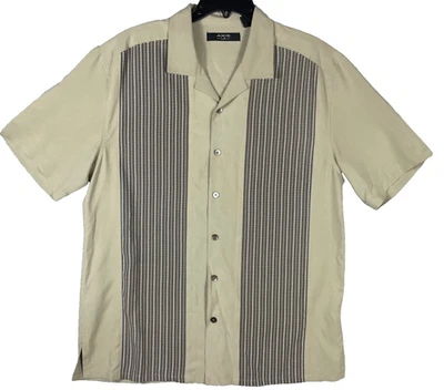 Axis Men's Medium Short Sleeve Button Up Shirt Beige Black Cuban Retro 100% Silk - Image 1 of 4