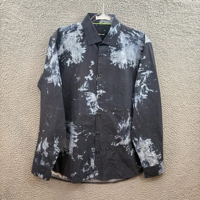 Jared Lang Shirt Mens Large Blue Long Sleeve Button Front Paint Splatter Design - Image 1 of 4