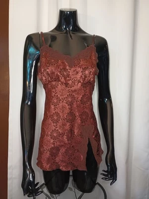 Babydoll con ribete de encaje de autoestima Y2K satinado hadas top grande granate floral coqueta Foto 1 de 4