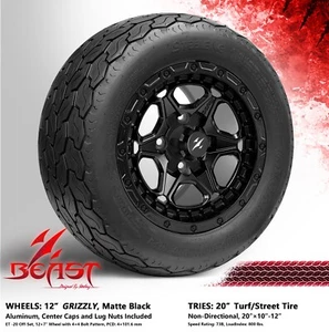 GOLF CART 12" MATTE BLACK GRIZZLY WHEELS and 20"x10"-12" GECKO TURF STREET TIRES - Picture 1 of 4