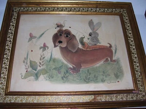 Vintage 1963 George Buckett Framed Dog Bunny Print 14 x 17 - Picture 1 of 7