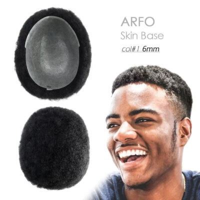 Mens Toupee Human Hair Replacement System Skin Afro Curl 6mm Black Hair Pieces - Image 1 of 4