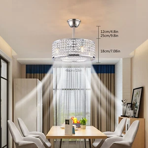 18" Crystal Invisible Caged LED Ceiling Fan Light Chandelier w/ 4-Bulbs & Remote - Picture 1 of 23