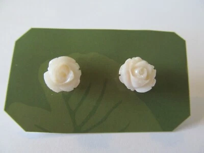 NEW ROUND 10MM GENUINE PALE PINK CARVED ANGEL SKIN CORAL STUD PIERCED EARRINGS - Image 1 of 4