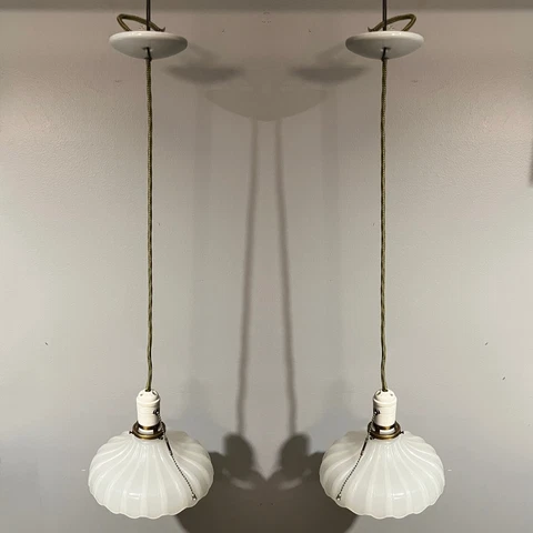 pair Pendant Lights scalloped Shades Porcelain Fixtures 18H Cover