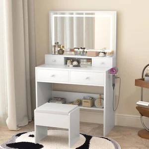 White Vanity Desk w/ Mirror Lights USB Stool – Makeup Table w Drawers&Outlets,AU - Picture 1 of 8