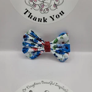"Sale" Girl/Women Princess, Frilly, Fancy, White w/Blue flowers Hair Clip Bow - Picture 1 of 3
