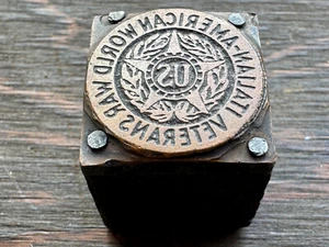 Antique Copper & wood PRINTING BLOCK  Italian-American World War Veterans US - Picture 1 of 6