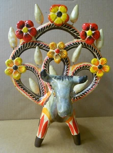 Vtg Mexican Folk Art Orange/Red Gray Bull Tree of Life Candle Holder/Candelabra - Picture 1 of 10