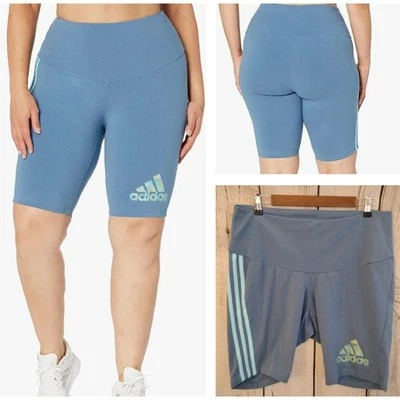 Adidas NEW Blue Logo Graphic 3-Stripe Stretch Cotton Biker Shorts 10" 2X Plus - Image 1 of 4