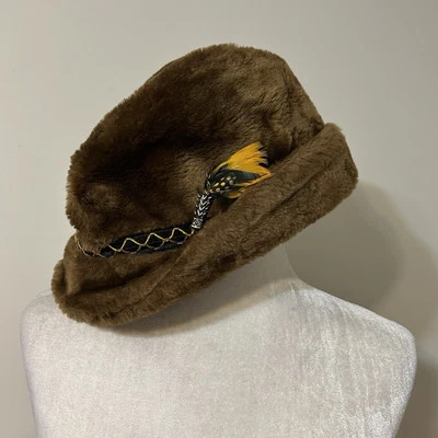 De Colección Sin Marca Imitación Piel Fedora Marrón Sombrero Amarillo Pluma y Solapas Marrón Acolchado L? Foto 1 de 4