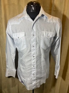 Mens Vtg 70s Wrangler Western Shirt 15 M Blue Striped L/S Poly/Cot Snaps Shiny - Picture 1 of 7