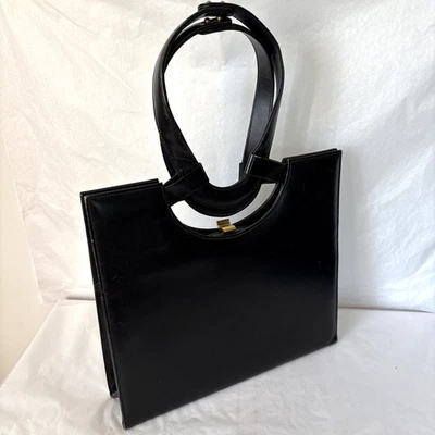 Vintage Handbag Black Evening Bag Structured Top Handle Architectural - Image 1 of 4