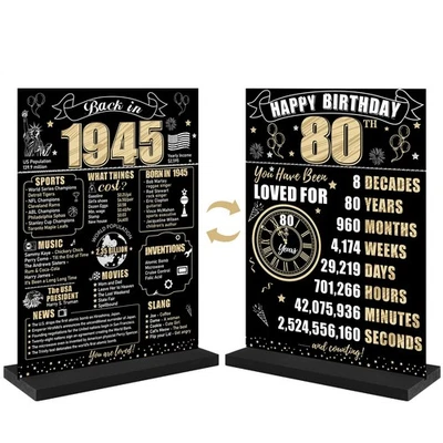 Black Gold 80th Birthday Decorations Back in 1945 Table Sign for Women Men, T... Foto 1 de 4