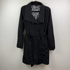 Vtg GUESS Women’s Black Trench Coat Floral Lining Belted Double Breasted Size L - Picture 1 of 15