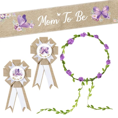 Juego de 5 fajas y prendedores de arpillera para mamá y papá para celebraciones de baby shower Foto 1 de 4